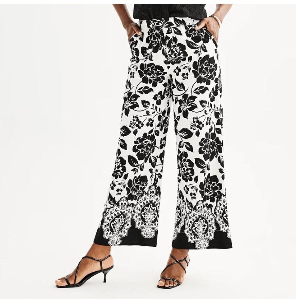 Draper James Black & White Floral Wide Leg Linen Pants Boho NWT Large